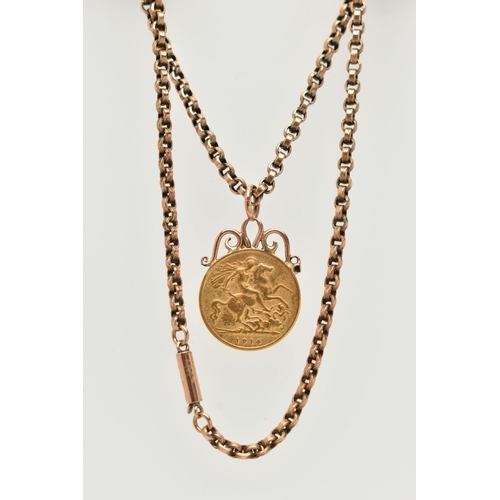 47 - A MOUNTED HALF SOVEREIGN PENDANT AND CHAIN, George V half sovereign, dated 1914, fitted to a scrolli... 