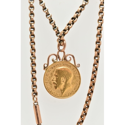 47 - A MOUNTED HALF SOVEREIGN PENDANT AND CHAIN, George V half sovereign, dated 1914, fitted to a scrolli... 