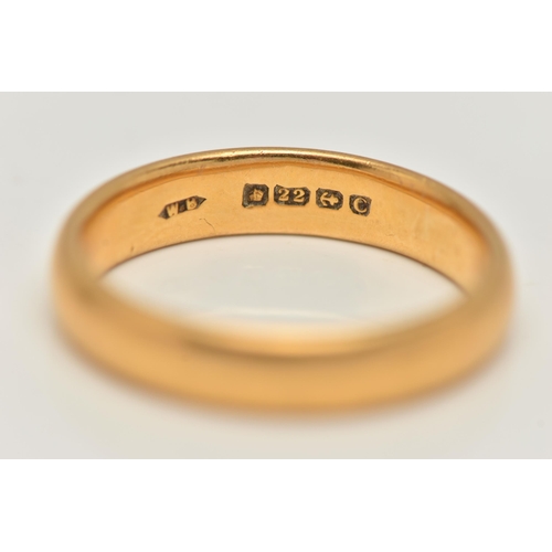 48 - A 22CT GOLD BAND RING, polished band, approximate band width 4.4mm, hallmarked 22ct Birmingham, ring... 