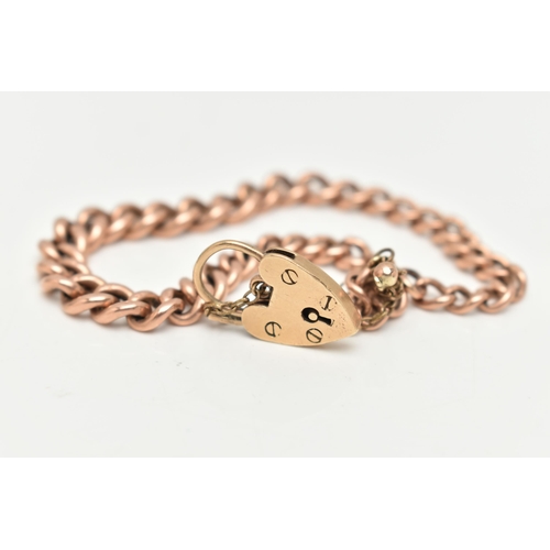 50 - A ROSE METAL CURB LINK BRACELET WITH HEART PADLOCK CLASP, graduated curb link bracelet, links with r... 