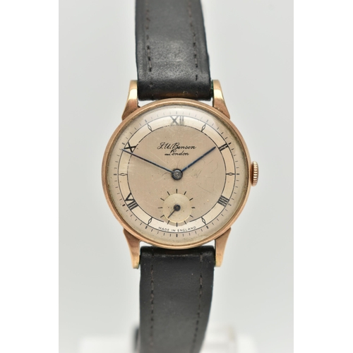 54 - A GENTS 9CT GOLD 'J.W.BENSON' WRISTWATCH, manual wind, round silvered dial signed 'J.W.Benson London... 