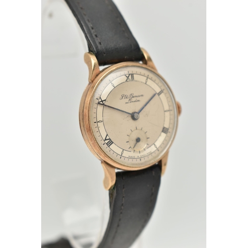 54 - A GENTS 9CT GOLD 'J.W.BENSON' WRISTWATCH, manual wind, round silvered dial signed 'J.W.Benson London... 