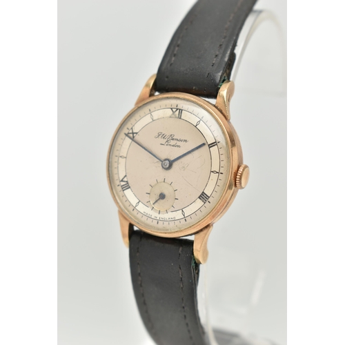 54 - A GENTS 9CT GOLD 'J.W.BENSON' WRISTWATCH, manual wind, round silvered dial signed 'J.W.Benson London... 