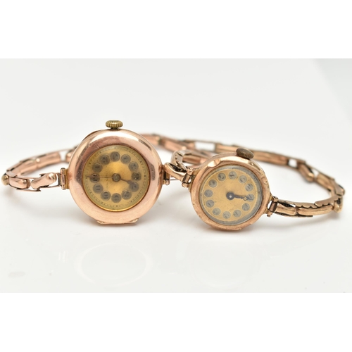 55 - TWO LADIES 9CT GOLD WRISTWATCHES, the first a manual wind watch, worn two tone dial, polished case, ... 