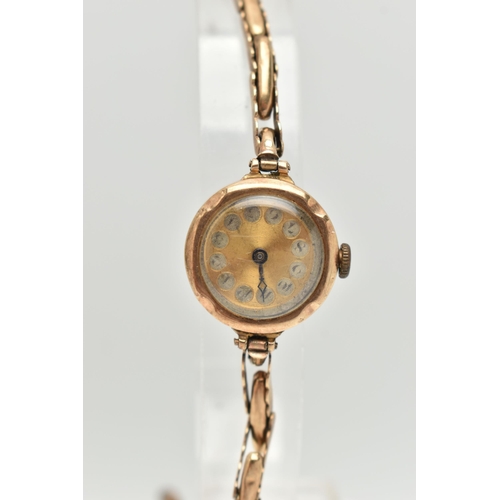 55 - TWO LADIES 9CT GOLD WRISTWATCHES, the first a manual wind watch, worn two tone dial, polished case, ... 