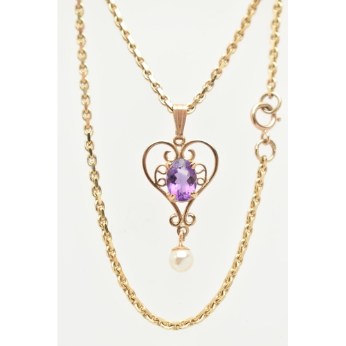 56 - A 9CT GOLD PENDANT NECKLACE, heart shape scrolling pendant set with an oval cut amethyst four claw s... 