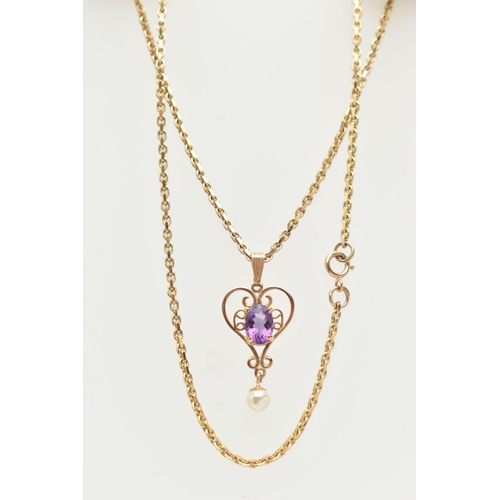 56 - A 9CT GOLD PENDANT NECKLACE, heart shape scrolling pendant set with an oval cut amethyst four claw s... 