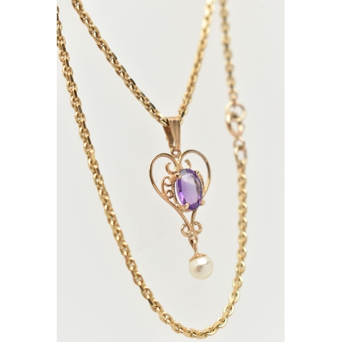 56 - A 9CT GOLD PENDANT NECKLACE, heart shape scrolling pendant set with an oval cut amethyst four claw s... 