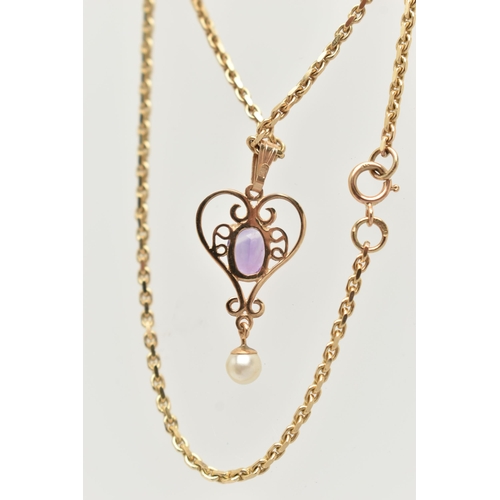 56 - A 9CT GOLD PENDANT NECKLACE, heart shape scrolling pendant set with an oval cut amethyst four claw s... 