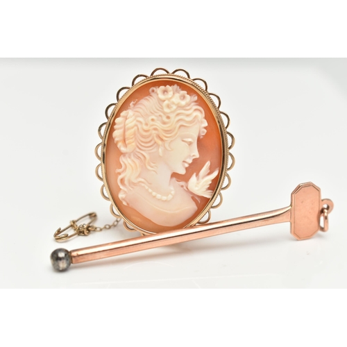 59 - A 9CT GOLD CIGAR PIERCER AND A CAMEO BROOCH, a rose gold key fitted with a metal removeable screw, h... 