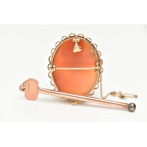 59 - A 9CT GOLD CIGAR PIERCER AND A CAMEO BROOCH, a rose gold key fitted with a metal removeable screw, h... 