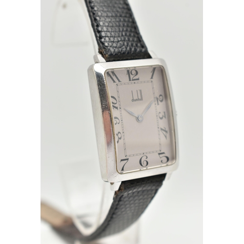 73 - A BOXED GENTS 'DUNHILL' WRISTWATCH, silver rectangular dial signed 'Dunhill' Arabic numerals, blue s... 