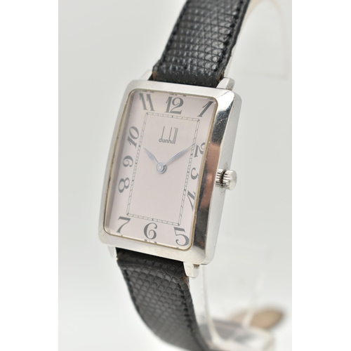 73 - A BOXED GENTS 'DUNHILL' WRISTWATCH, silver rectangular dial signed 'Dunhill' Arabic numerals, blue s... 