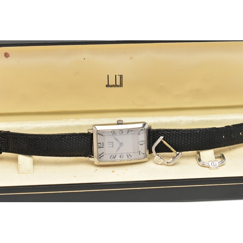 73 - A BOXED GENTS 'DUNHILL' WRISTWATCH, silver rectangular dial signed 'Dunhill' Arabic numerals, blue s... 