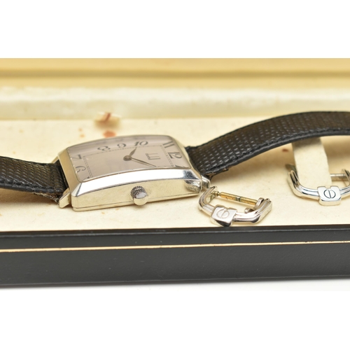 73 - A BOXED GENTS 'DUNHILL' WRISTWATCH, silver rectangular dial signed 'Dunhill' Arabic numerals, blue s... 