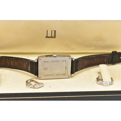 73 - A BOXED GENTS 'DUNHILL' WRISTWATCH, silver rectangular dial signed 'Dunhill' Arabic numerals, blue s... 