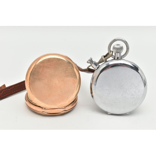 74 - A ROLLED GOLD OPEN FACE POCKET WATCH AND A STOP WATCH, manual wind pocket watch, round white dial si... 