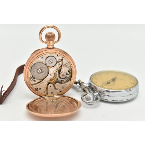 74 - A ROLLED GOLD OPEN FACE POCKET WATCH AND A STOP WATCH, manual wind pocket watch, round white dial si... 