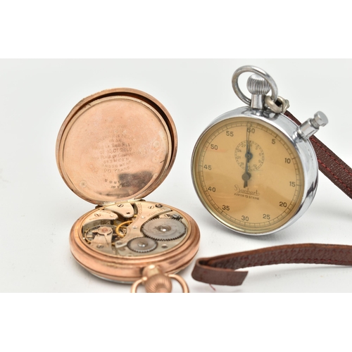 74 - A ROLLED GOLD OPEN FACE POCKET WATCH AND A STOP WATCH, manual wind pocket watch, round white dial si... 