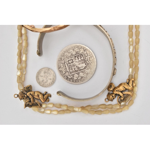 75 - A SELECTION OF JEWELLERY AND COINS, to include a key wound, open face pocket watch, white Roman nume... 