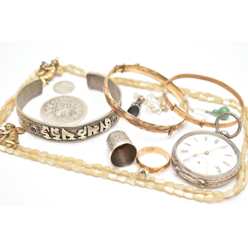 75 - A SELECTION OF JEWELLERY AND COINS, to include a key wound, open face pocket watch, white Roman nume... 