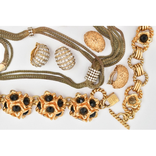 77 - ASSORTED COSTUME JEWELLERY, mostly gilt metal pieces, bracelets, no-pierced clip on earrings, neckla... 