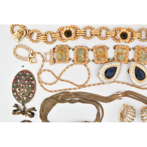 77 - ASSORTED COSTUME JEWELLERY, mostly gilt metal pieces, bracelets, no-pierced clip on earrings, neckla... 