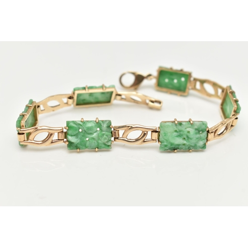 8 - A 9CT GOLD JADE PANEL BRACELET, the rectangular jade panels carved to depict fruits and foliage, con... 