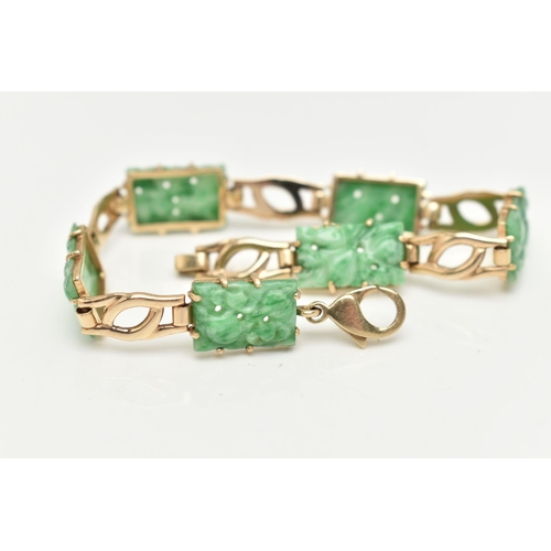 8 - A 9CT GOLD JADE PANEL BRACELET, the rectangular jade panels carved to depict fruits and foliage, con... 