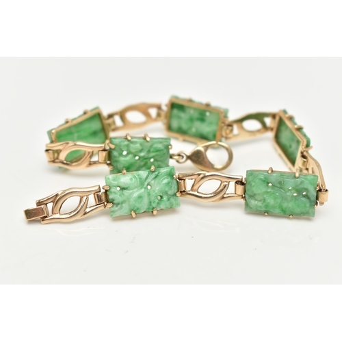 8 - A 9CT GOLD JADE PANEL BRACELET, the rectangular jade panels carved to depict fruits and foliage, con... 