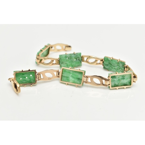 8 - A 9CT GOLD JADE PANEL BRACELET, the rectangular jade panels carved to depict fruits and foliage, con... 