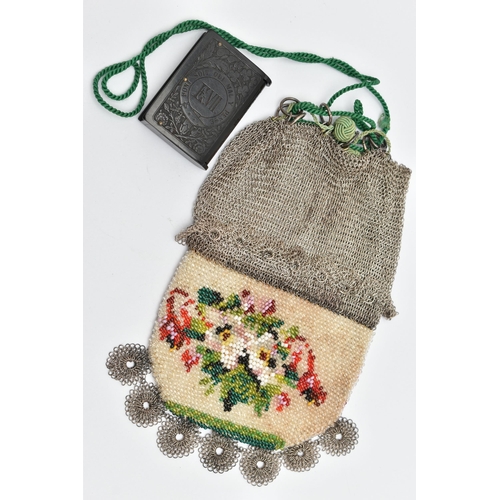 80 - A CHAIN MAIL PURSE AND A VULCANITE VESTA CASE, white metal chain mail with a decorative floral beade... 