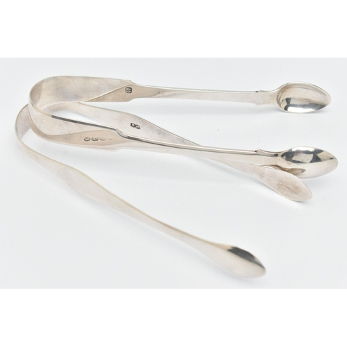 102 - TWO PAIRS OF SILVER GEORGIAN SUGAR TONGS, the first a pair of polished fiddle pattern tongs, hallmar... 