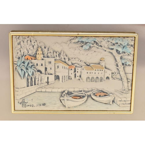 104 - AN ITALALIAN WHITE METAL RELIEF PICTURE, a rectangular form picture depicting a small harbor, with a... 