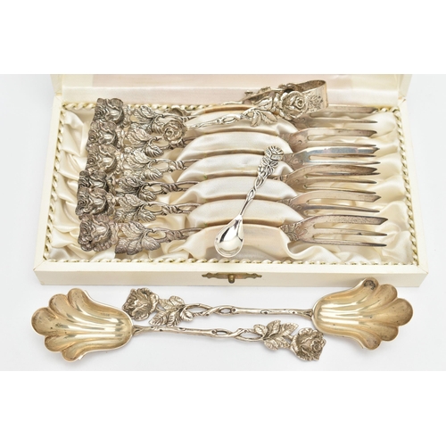 107 - A SMALL ASSORTMENT OF CONTINENTAL CUTLERY, a cased set of white metal desert forks with floral and o... 