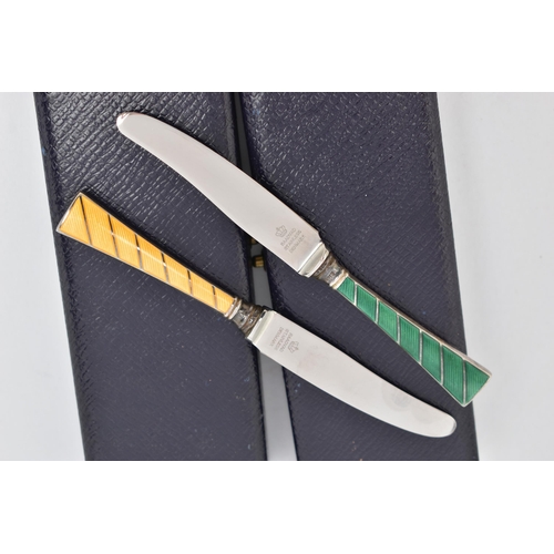 109 - TWO CASED 'RAADVAD' DANISH TEA KNIVES, with guilloche enamel detail, approximate length 116mm, both ... 