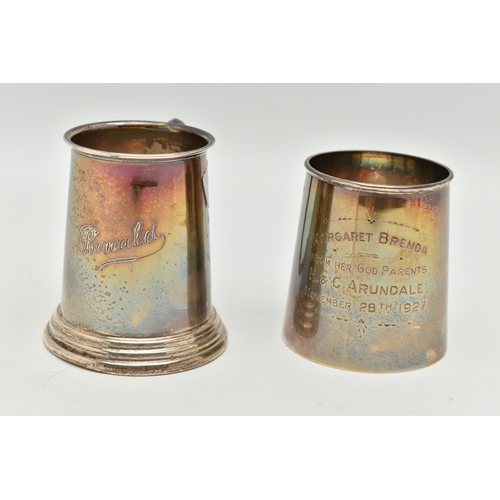 110 - TWO SILVER CUPS, the first a silver cup with engraved name detail, approximate height 74mm, hallmark... 