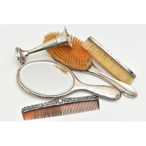 112 - FIVE SILVER ITEMS, to include a silver vanity hair brush with matching clothes brush, each hallmarke... 