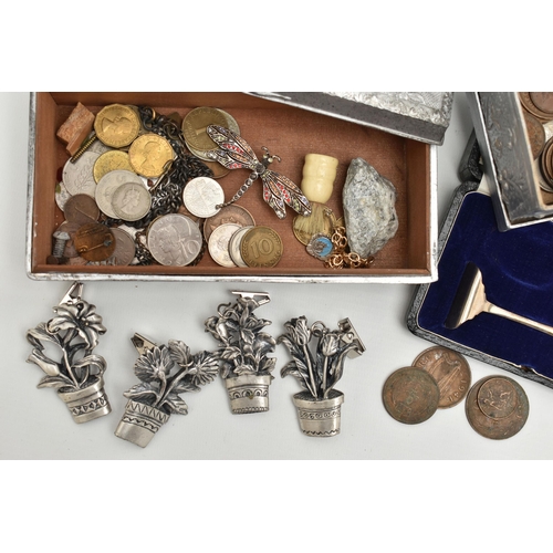 113 - A SILVER BABY FOOD PUSHER AND ASSORTED COINS, a monogramed box for a christening set, encasing a sin... 