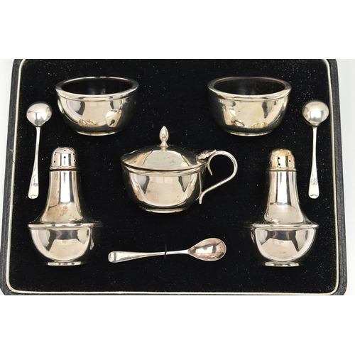 114 - A CASED SILVER 'JOSEPH GLOSTER' CRUET SET, complete with two salts, two pepperettes, a mustard with ... 