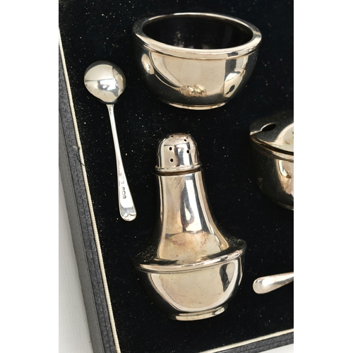 114 - A CASED SILVER 'JOSEPH GLOSTER' CRUET SET, complete with two salts, two pepperettes, a mustard with ... 