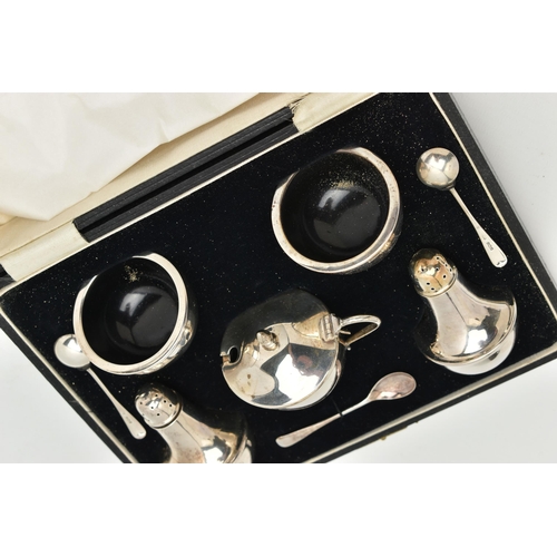 114 - A CASED SILVER 'JOSEPH GLOSTER' CRUET SET, complete with two salts, two pepperettes, a mustard with ... 