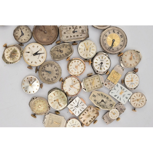 119 - A BOX OF LADIES WATCH MOVEMENTS, various shapes, names to include 'Tissot, Waltham, Rotary, Sekonda,... 