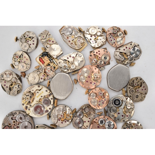 119 - A BOX OF LADIES WATCH MOVEMENTS, various shapes, names to include 'Tissot, Waltham, Rotary, Sekonda,... 