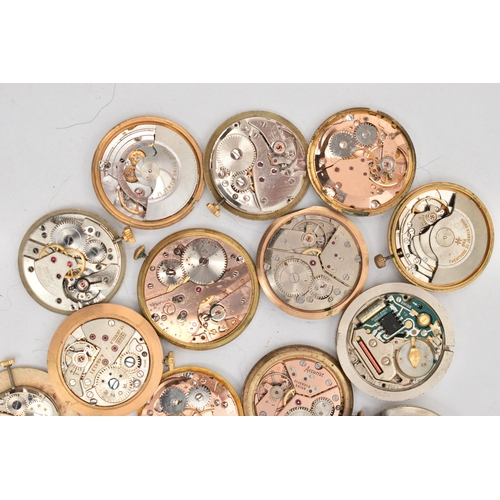 120 - A BOX OF GENTS WATCH MOVEMENTS, various shapes, names to include 'Astral, Smiths, Garrard, J.W.Benso... 