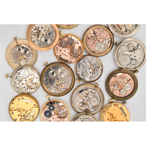 120 - A BOX OF GENTS WATCH MOVEMENTS, various shapes, names to include 'Astral, Smiths, Garrard, J.W.Benso... 