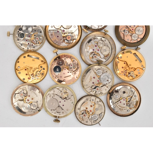 120 - A BOX OF GENTS WATCH MOVEMENTS, various shapes, names to include 'Astral, Smiths, Garrard, J.W.Benso... 