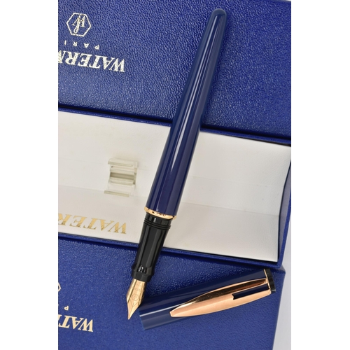 121 - TWO BOXED 'WATERMAN' FOUNTAIN PENS, blue lacquer pens, signed to each collar 'Waterman', both fitted... 