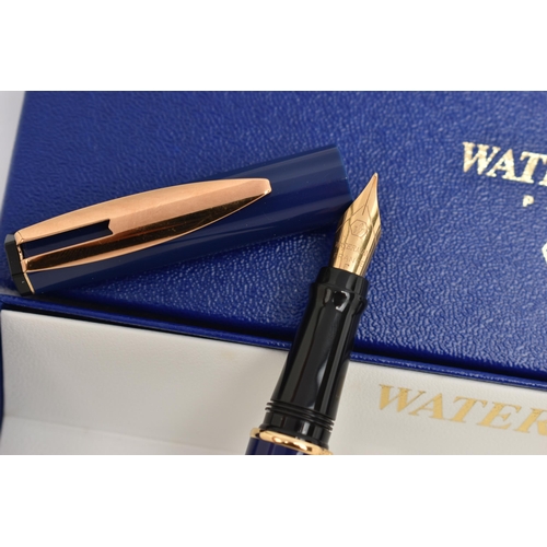 121 - TWO BOXED 'WATERMAN' FOUNTAIN PENS, blue lacquer pens, signed to each collar 'Waterman', both fitted... 