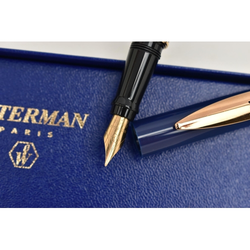 121 - TWO BOXED 'WATERMAN' FOUNTAIN PENS, blue lacquer pens, signed to each collar 'Waterman', both fitted... 